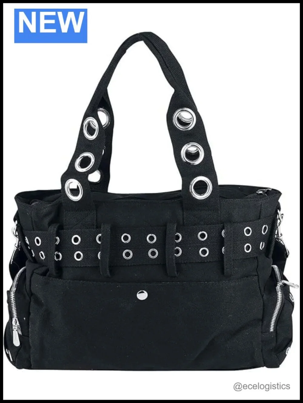 Goth Punk Black Handbag with Skull Charm - Large Hobo Shoulder Bag with